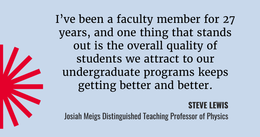 I've been a faculty member for 27 years, and one thing that stands out is the overall quality of students we attract to our undergraduates programs keeps getting better and better. Quote by Steve Lewis, Josiah Meigs Distinguished Teaching Professor of Physics