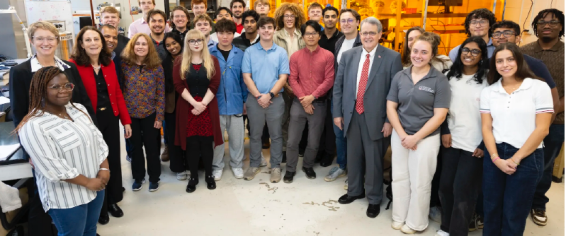 University of Georgia President Jere W. Morehead joined students, faculty and staff in the Small Satellite Research Laboratory to learn about ongoing satellite missions and meet with the student teams driving UGA’s space research forward. (Photo by Andrew Davis Tucker/UGA)